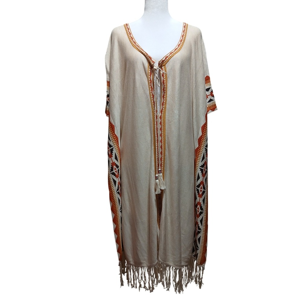 Idol Mind Womens Southwestern Knit Kaftan Tassel Fringe CoverUpCream Orange L/XL